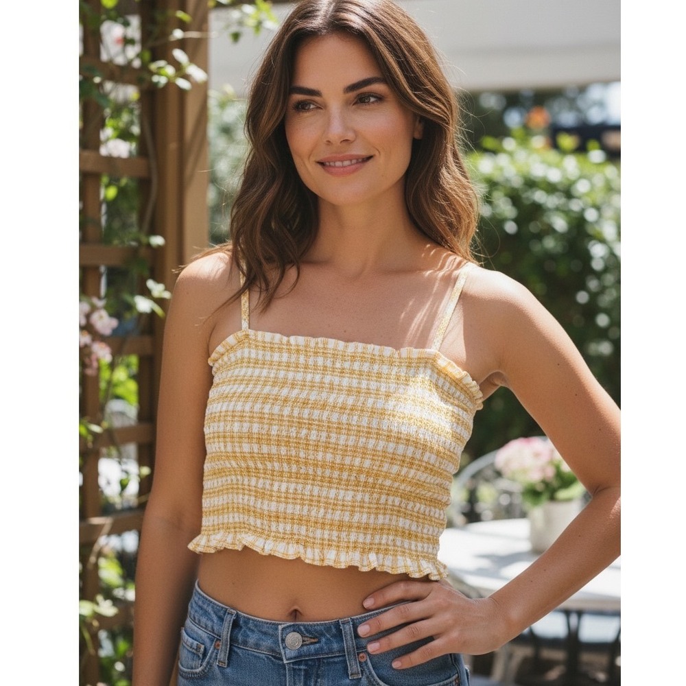 Forever 21 Yellow Gingham Smocked Crop Top Camisole Cottagecore Festival Boho M